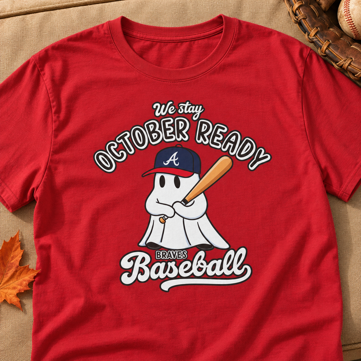 Atlanta Braves Baseball Shirt Playoffs October Ready Halloween Fan T-Shirt — close-up lay-flat lifestyle mockup with upper-chest graphic