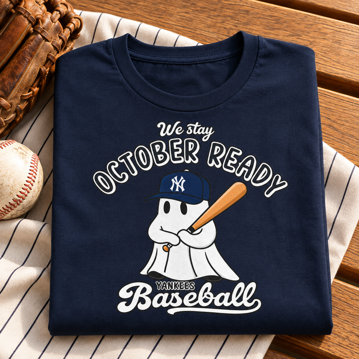 New York Yankees Shirt Playoffs October Ready Halloween Baseball T-Shirt — folded lifestyle mockup with upper-chest graphic