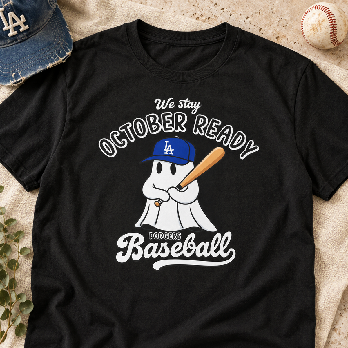 Los Angeles Dodgers Shirt Playoffs October Ready Halloween Baseball T-Shirt — close-up lay-flat lifestyle mockup with upper-chest graphic