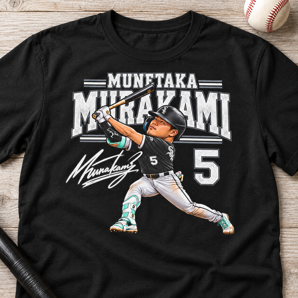 Chicago White Sox – Munetaka Murakami #5 Shirt | Swing Pose Tee — close-up lay-flat lifestyle mockup with upper-chest graphic
