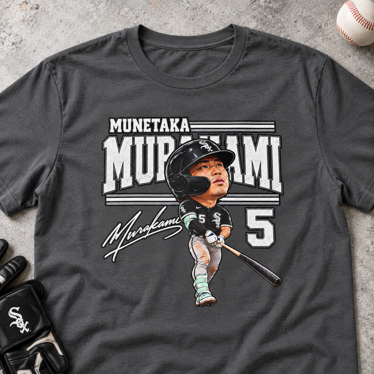 Chicago White Sox – Munetaka Murakami #5 Shirt | Big Head Batter Tee — close-up lay-flat lifestyle mockup with upper-chest graphic