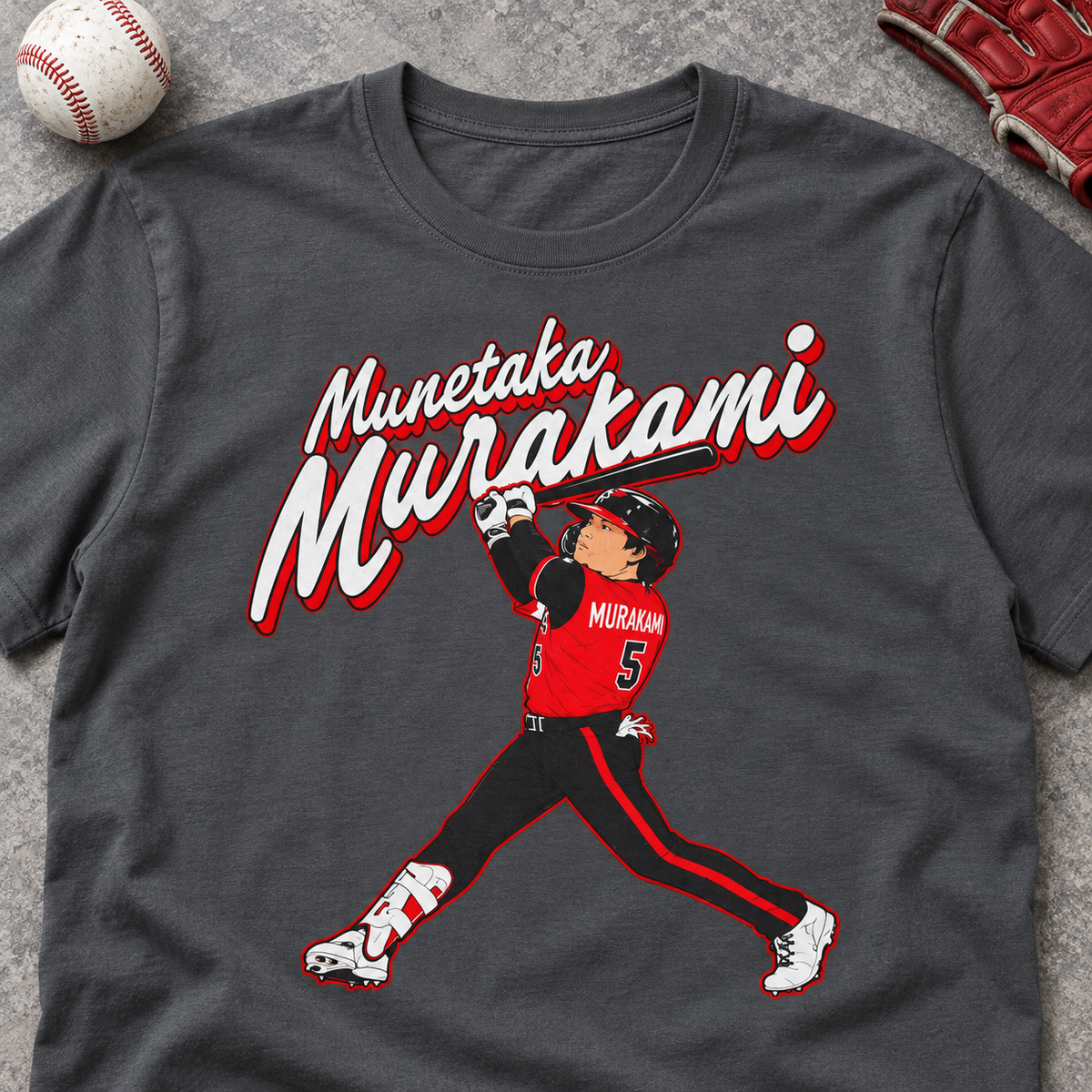 Munetaka Murakami Baseball Player Tee — Retro Japan Pro Baseball T-Shirt — lay-flat lifestyle mockup with upper-chest graphic