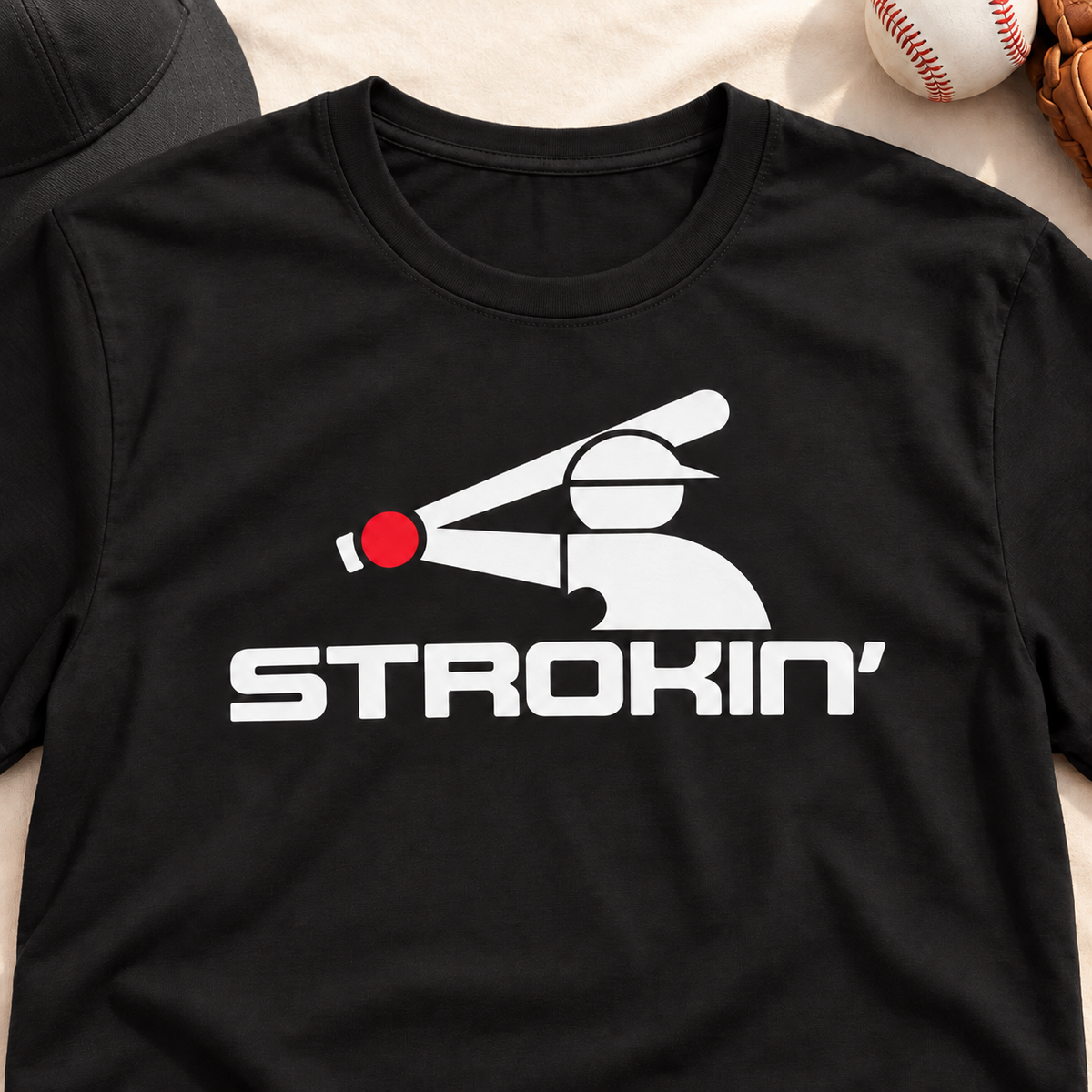 Chicago White Sox Strokin’ baseball shirt with white batter graphic and red accent, lay-flat lifestyle mockup