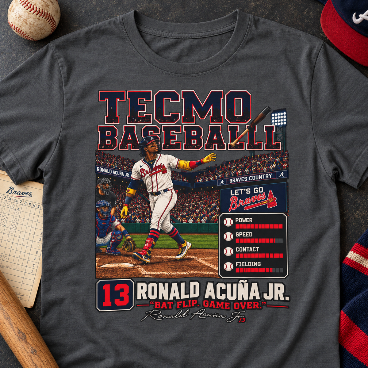 Atlanta Braves – Ronald Acuña Jr. – Tee — Retro Arcade Baseball T-Shirt — close-up lay-flat lifestyle mockup with upper-chest graphic