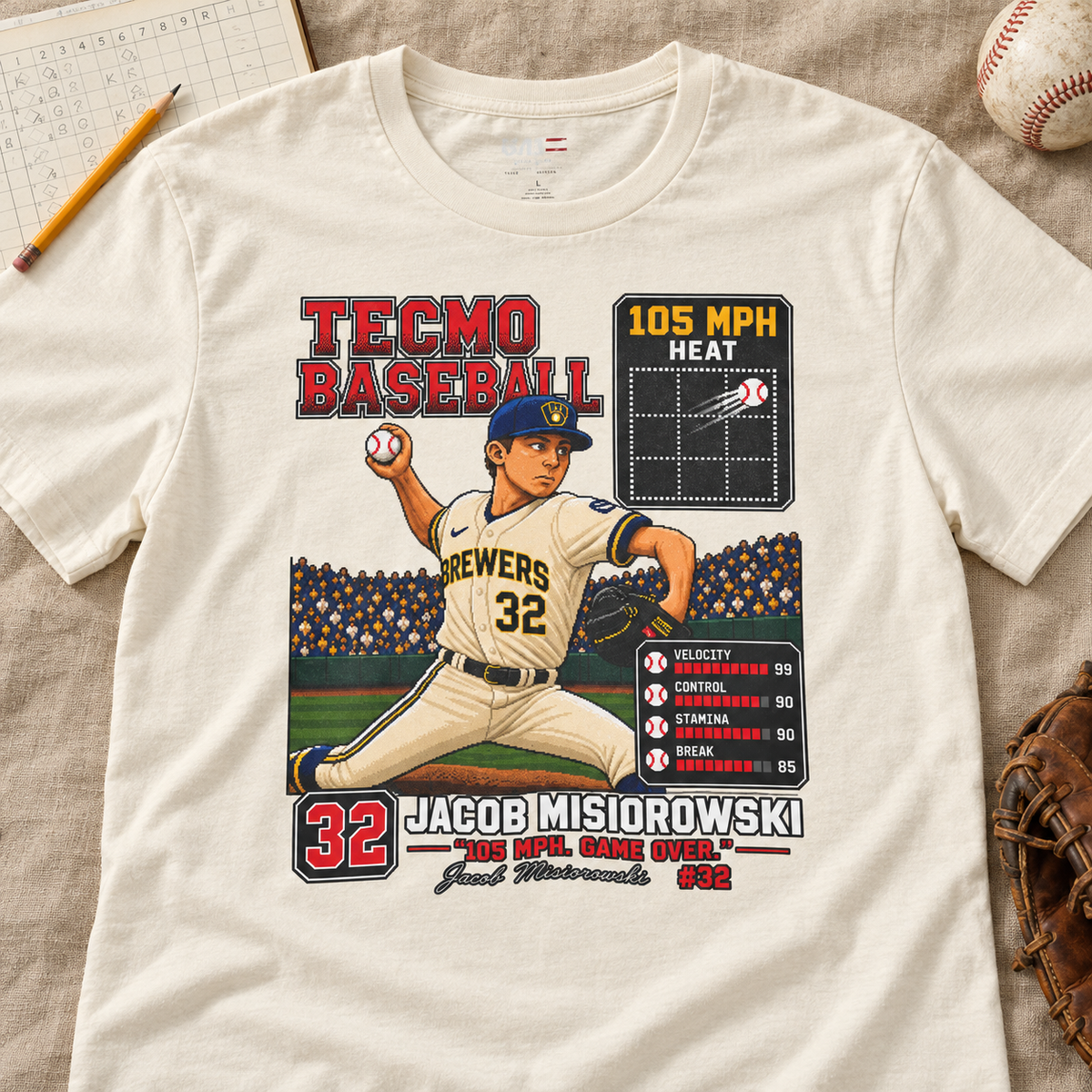 Milwaukee Brewers – Jacob Misiorowski – Tecmo Baseball Pitcher Graphic Tee — #32 Vintage Video Game Style — lay-flat lifestyle mockup with upper-chest graphic