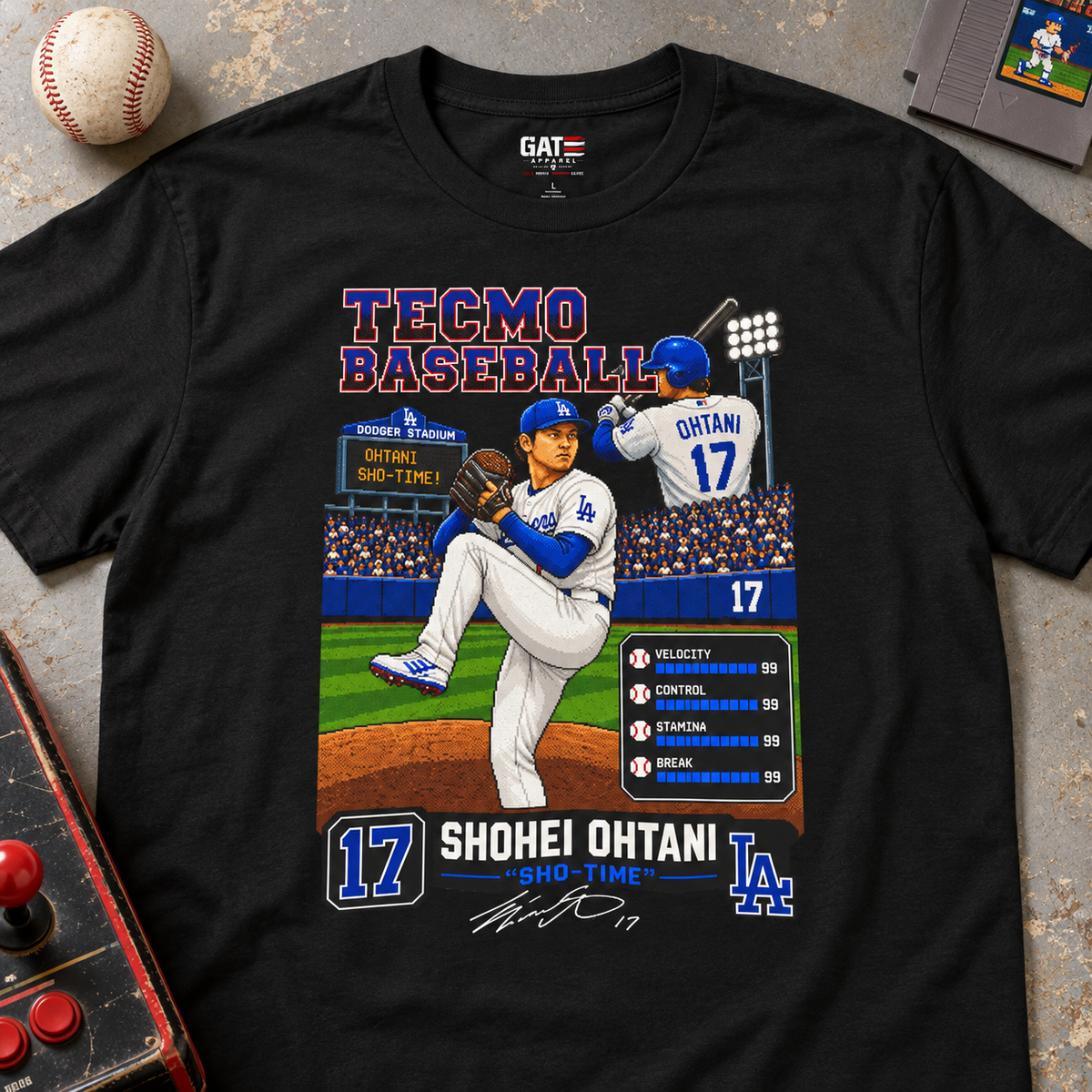 Los Angeles Dodgers – Shohei Ohtani – Retro Baseball Card Graphic Tee — 'Tecmo Baseball' Design — close-up lay-flat lifestyle mockup with upper-chest graphic