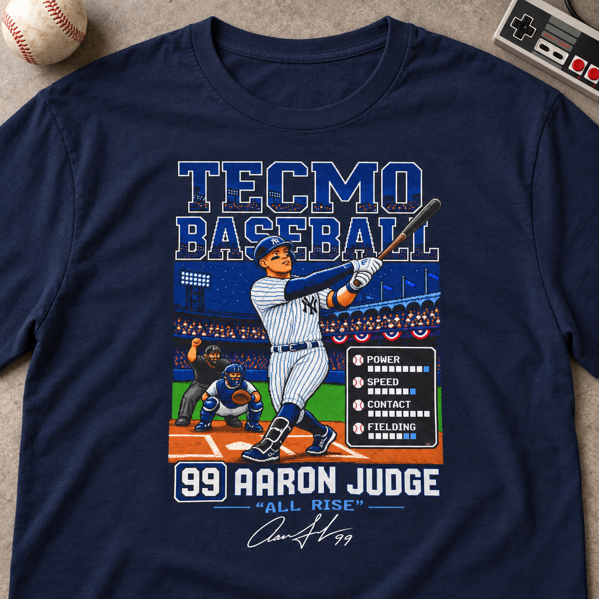 New York Yankees – Aaron Judge – Tecmo Baseball Tee — Retro Video Game Baseball T-Shirt — lay-flat lifestyle mockup with upper-chest graphic