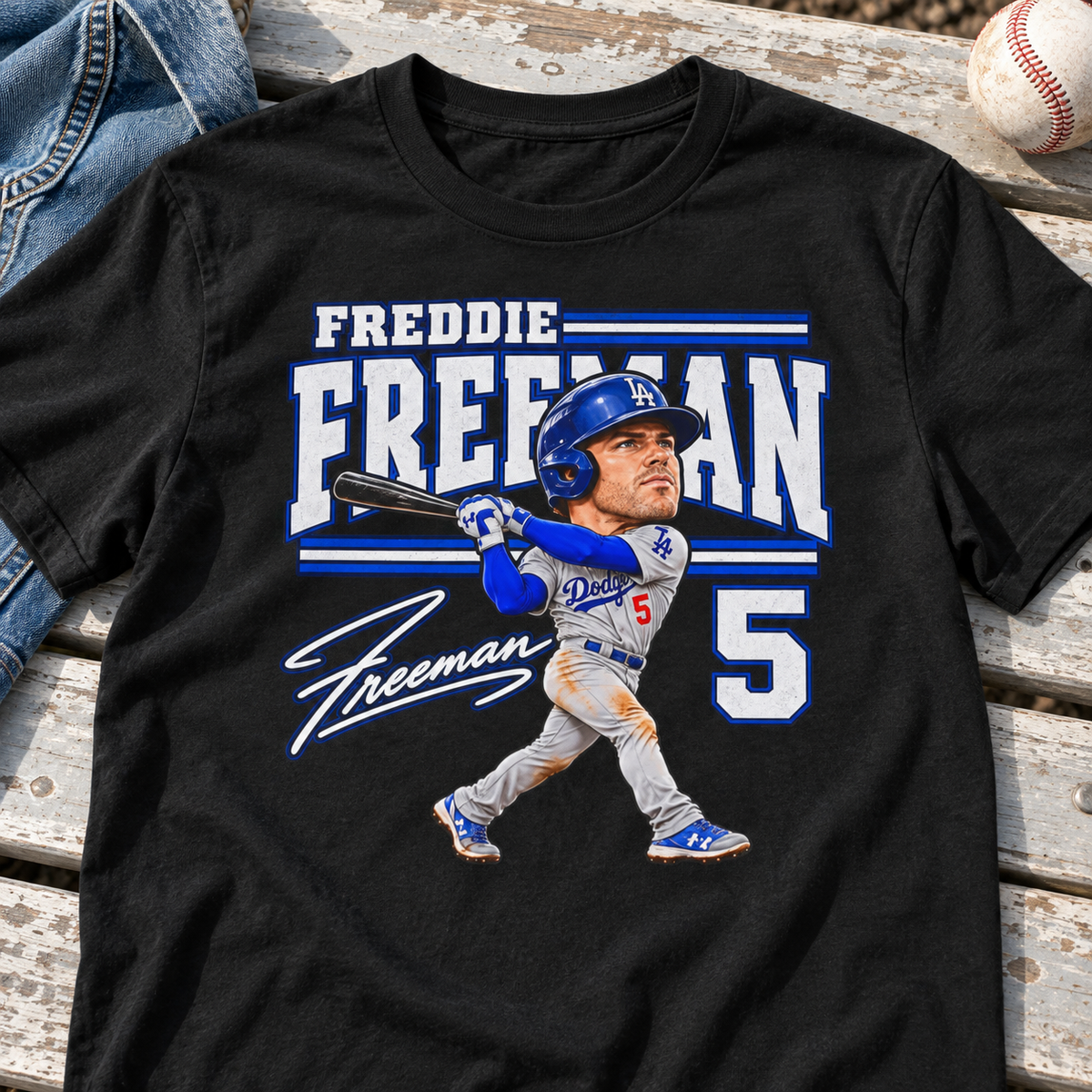 Los Angeles Dodgers – Freddie Freeman – T-Shirt | Retro Baseball Graphic Tee — close-up lay-flat lifestyle mockup with upper-chest graphic