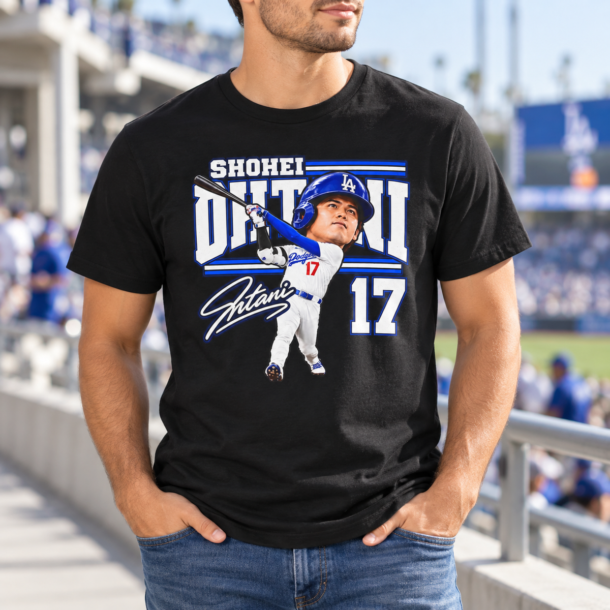 Los Angeles Dodgers – Shohei Ohtani – T-Shirt | Retro Baseball Graphic Tee — close-up model lifestyle mockup with upper-chest graphic