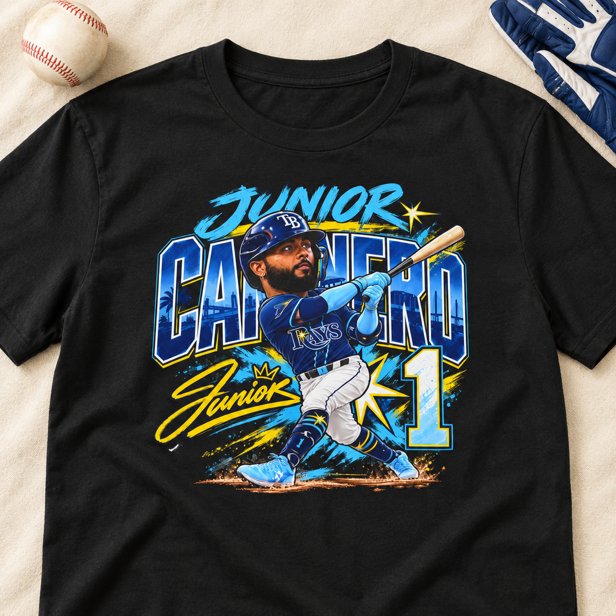 Tampa Bay Rays – Junior Caminero – T-Shirt | Retro Baseball Graphic Tee — lay-flat lifestyle mockup with upper-chest graphic