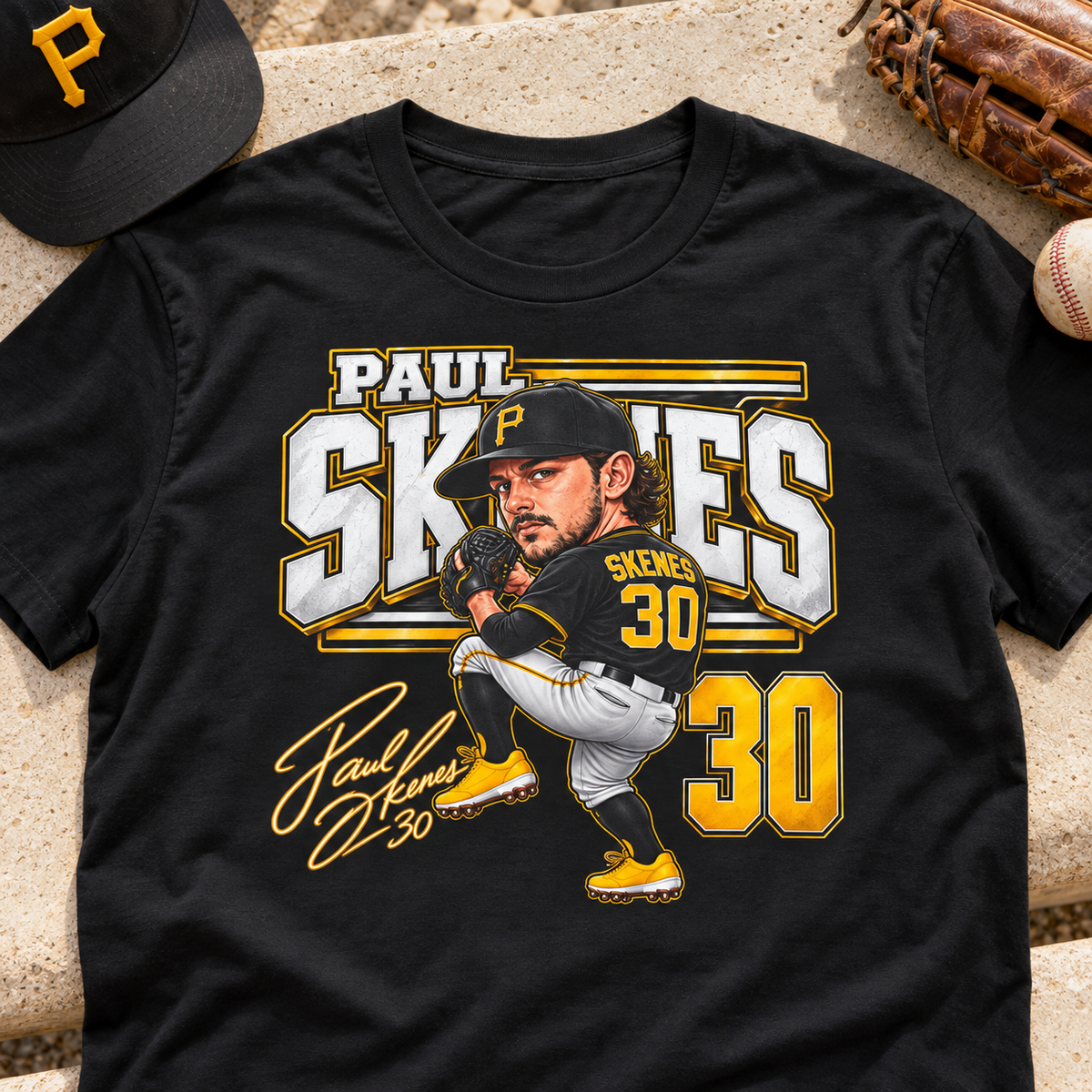 Pittsburgh Pirates – Paul Skenes – T-Shirt | Retro Baseball Graphic Tee — lay-flat lifestyle mockup with upper-chest graphic