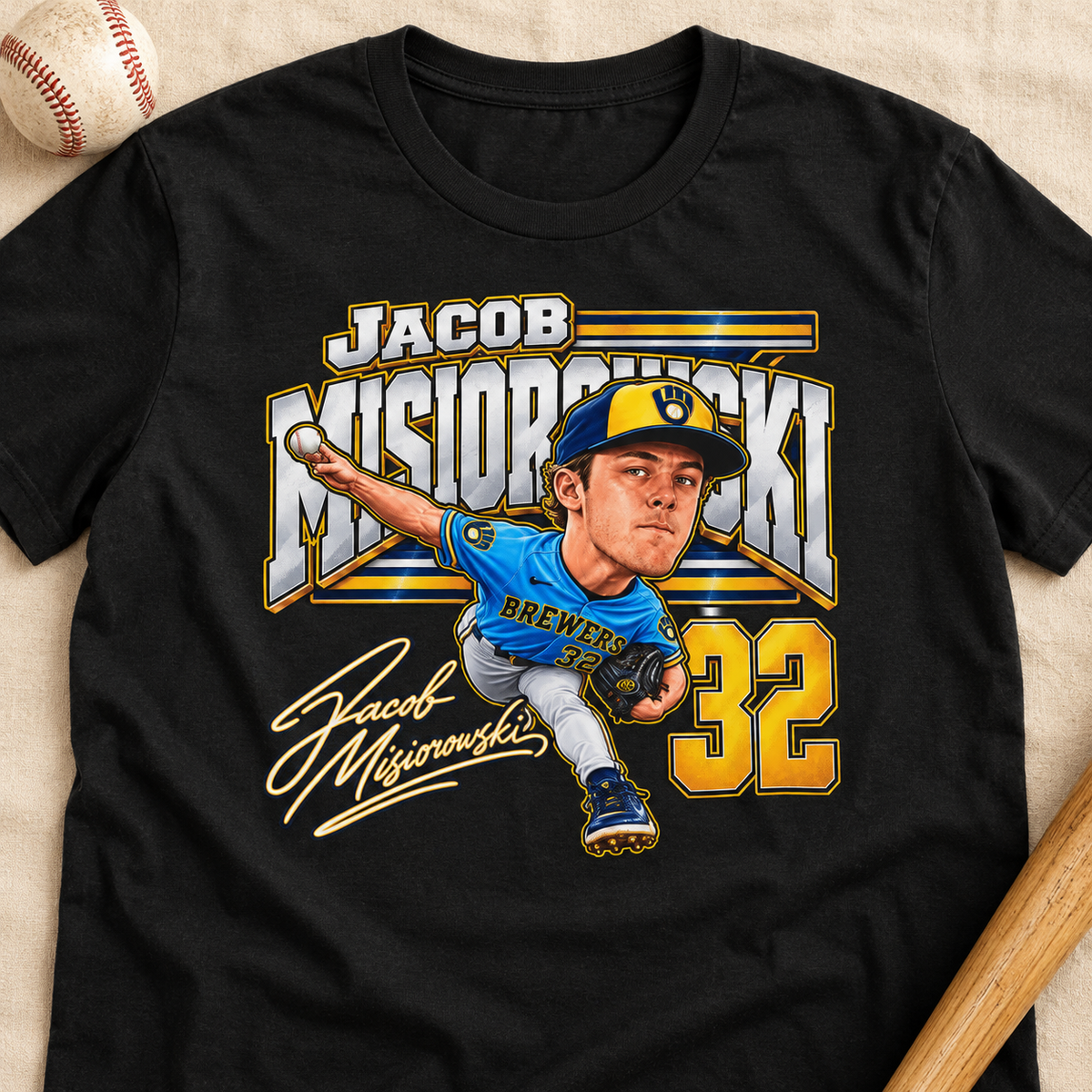 Milwaukee Brewers – Jacob Misiorowski – T-Shirt | Retro Baseball Graphic Tee — lay-flat lifestyle mockup with upper-chest graphic