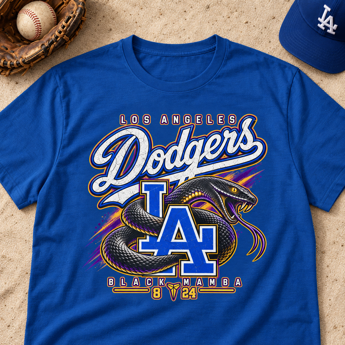 Los Angeles Dodgers – Kobe Bryant – Baseball Tribute T-Shirt | Black Mamba LA Graphic Tee — close-up lay-flat lifestyle mockup with upper-chest graphic