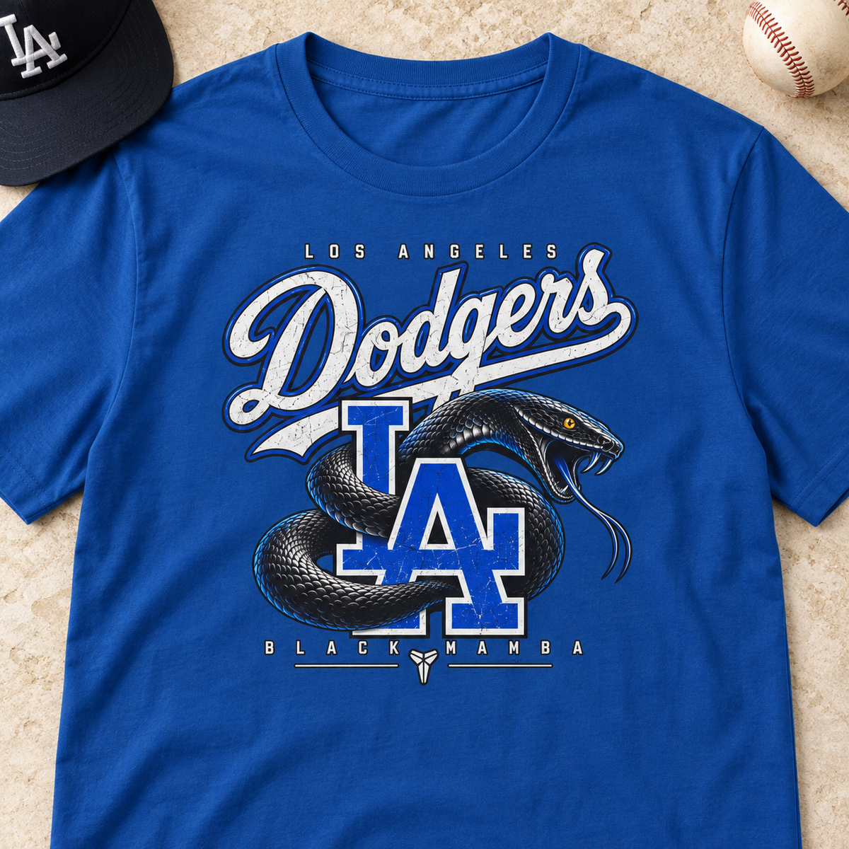 Los Angeles Dodgers – Kobe Bryant – Black Mamba Baseball T-Shirt | LA Tribute Graphic Tee — close-up lay-flat lifestyle mockup with upper-chest graphic