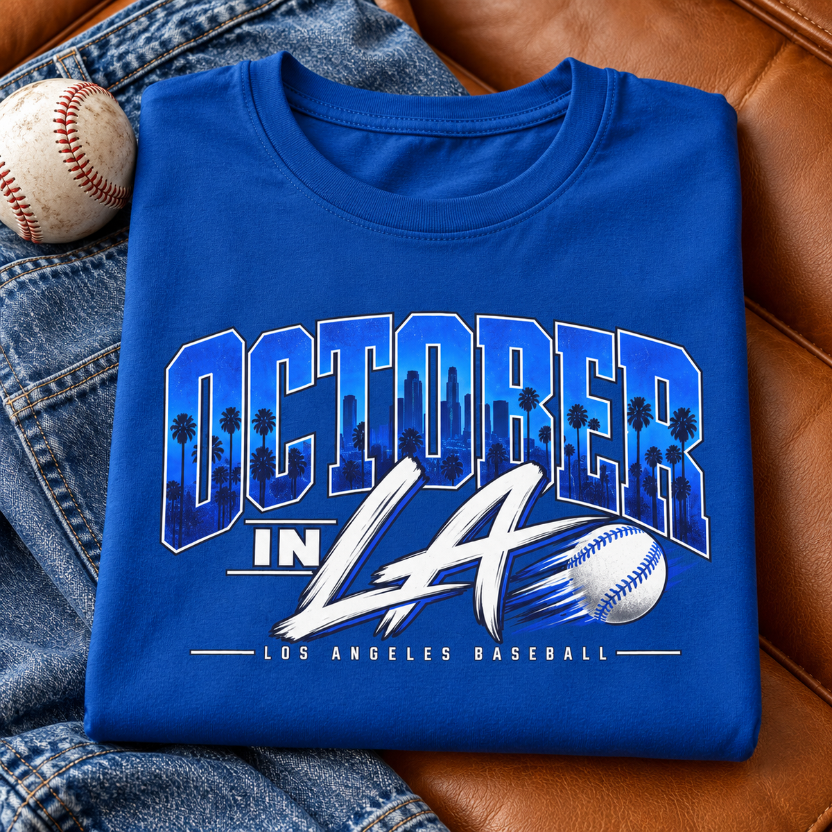 Los Angeles Dodgers – October in LA Baseball T-Shirt | Playoff Graphic Tee | GAT Apparel — close-up folded lifestyle mockup with upper-chest graphic