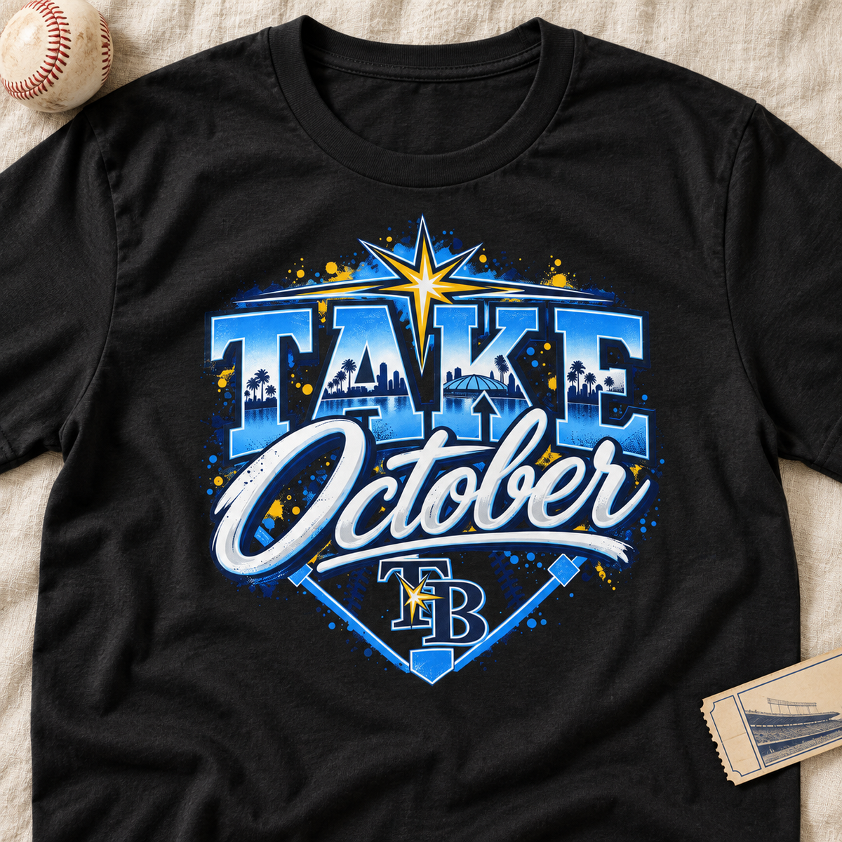 Tampa Bay Rays Take October Baseball Fan Tee — lay-flat lifestyle mockup with upper-chest graphic