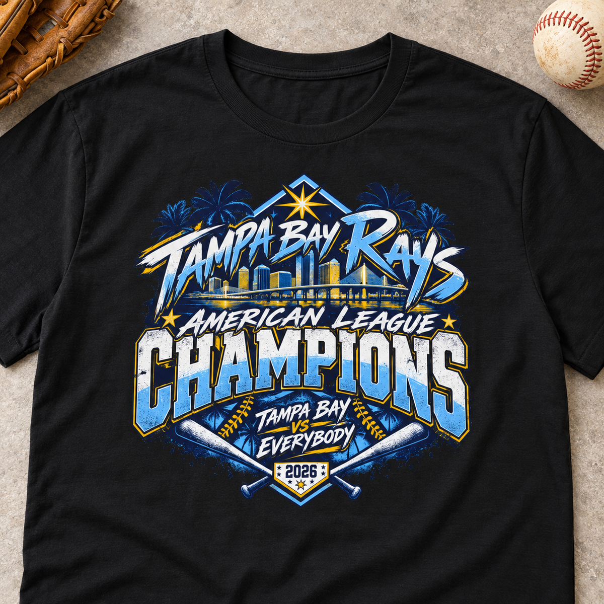 Tampa Bay Rays 2026 Playoff Trophy Graphic T-Shirt — lay-flat lifestyle mockup with upper-chest graphic