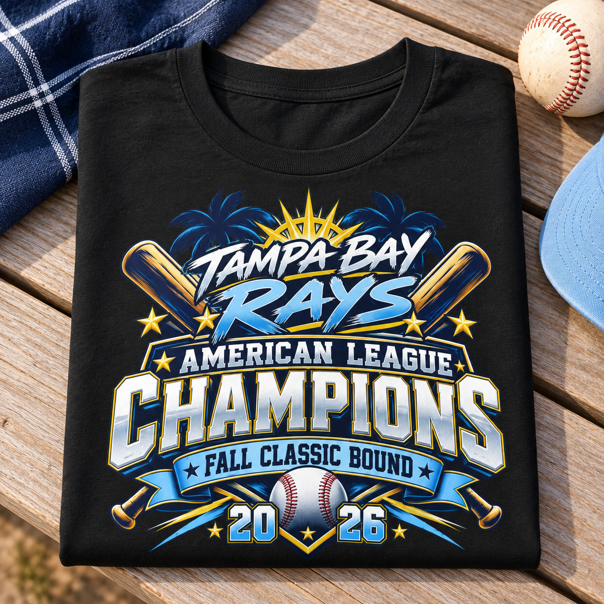 Tampa Bay Rays 2026 AL Champions Graphic Tee | Fan Concept Design — folded lifestyle mockup with upper-chest graphic