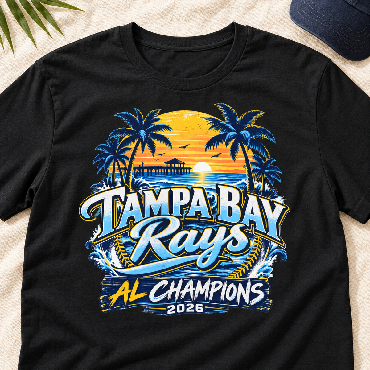 Tampa Bay Rays 2026 ALCS Palm Trees Graphic T-Shirt — lay-flat lifestyle mockup with upper-chest graphic