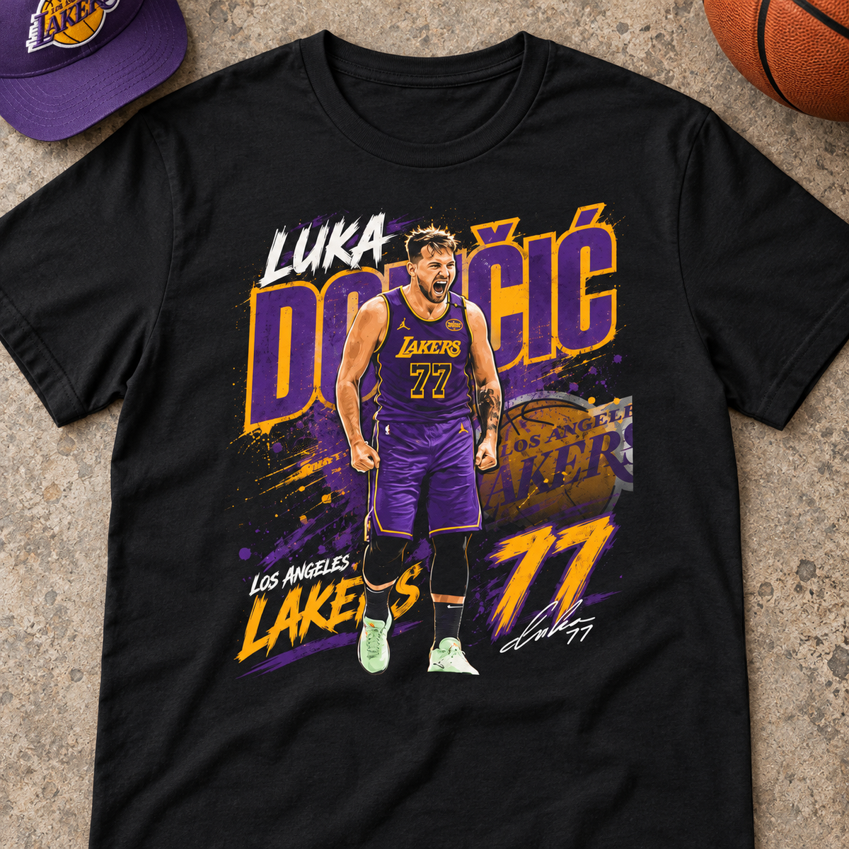 Los Angeles Lakers – Luka Dončić – #77 Basketball Shirt | Player Graphic Fan Tee — lay-flat lifestyle mockup with upper-chest graphic