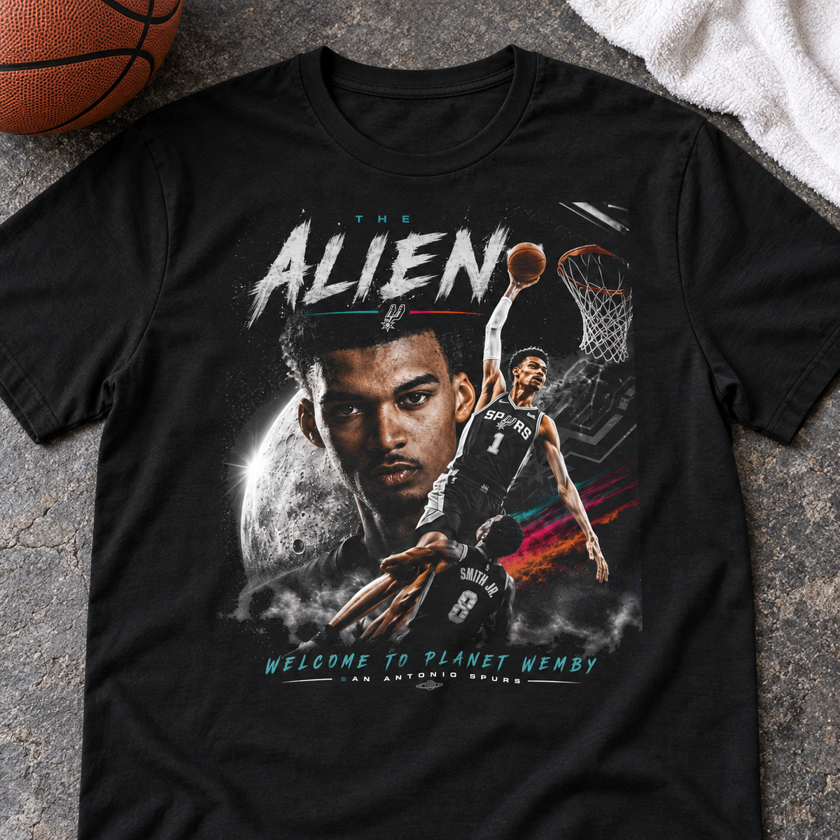San Antonio Spurs – Victor Wembanyama – Alien Basketball Shirt | Graphic Tee — lay-flat lifestyle mockup with upper-chest graphic