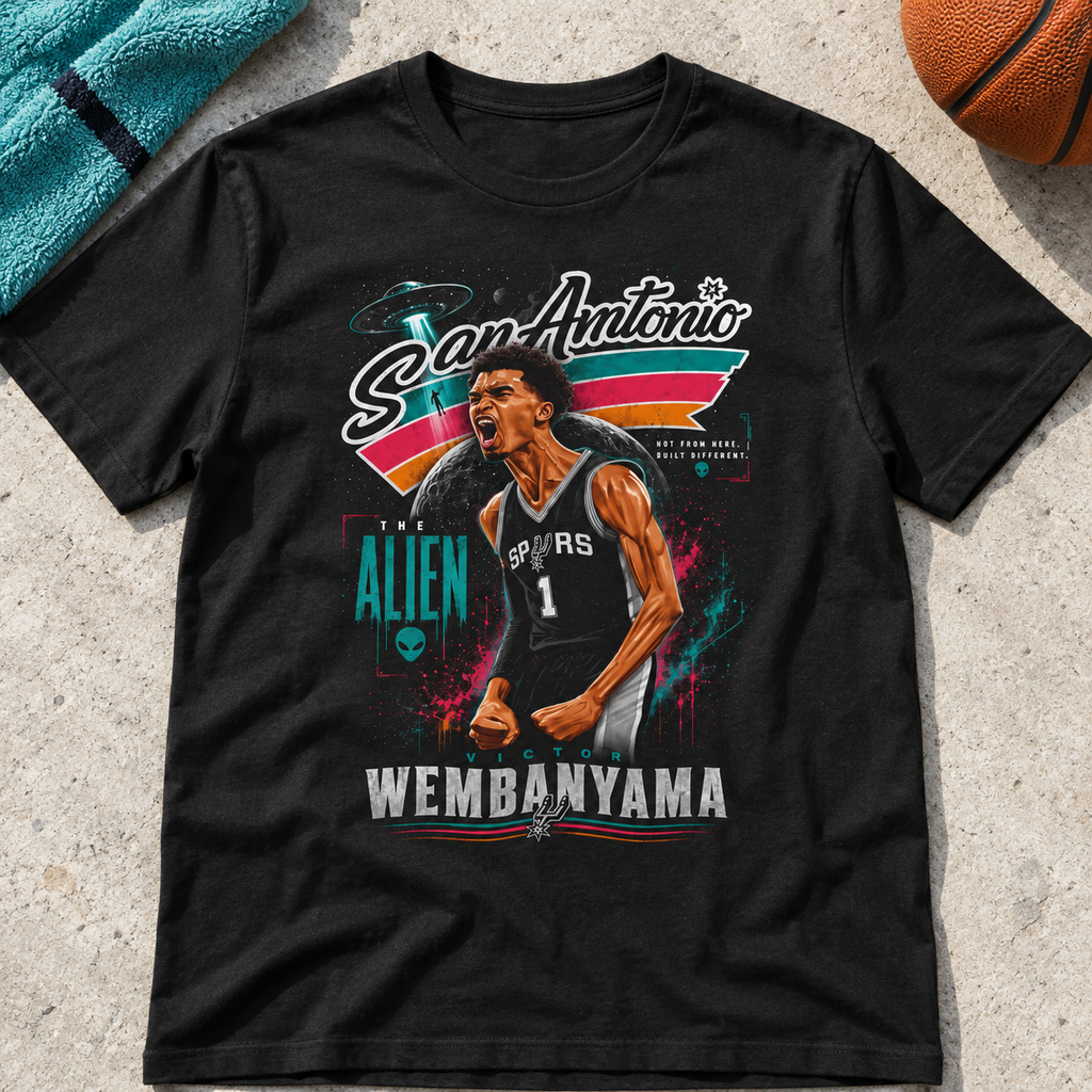 San Antonio Spurs – Victor Wembanyama – Alien Basketball Shirt | Tee — lay-flat lifestyle mockup with upper-chest graphic