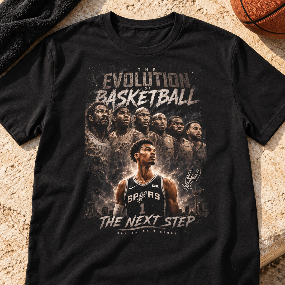 San Antonio Spurs – Victor Wembanyama – Evolution Shirt | Basketball Tee — lay-flat lifestyle mockup with upper-chest graphic