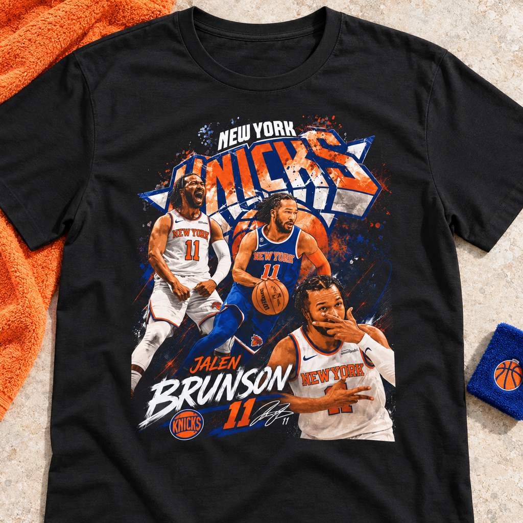 New York Knicks – Jalen Brunson – Basketball Shirt | Vintage Fan Tee — lay-flat lifestyle mockup with upper-chest graphic