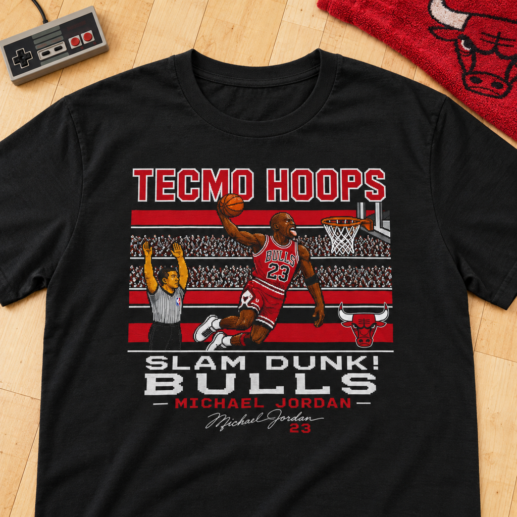 Chicago Bulls – Michael Jordan – Tecmo Hoops Shirt | Retro Basketball Tee — lay-flat lifestyle mockup with upper-chest graphic
