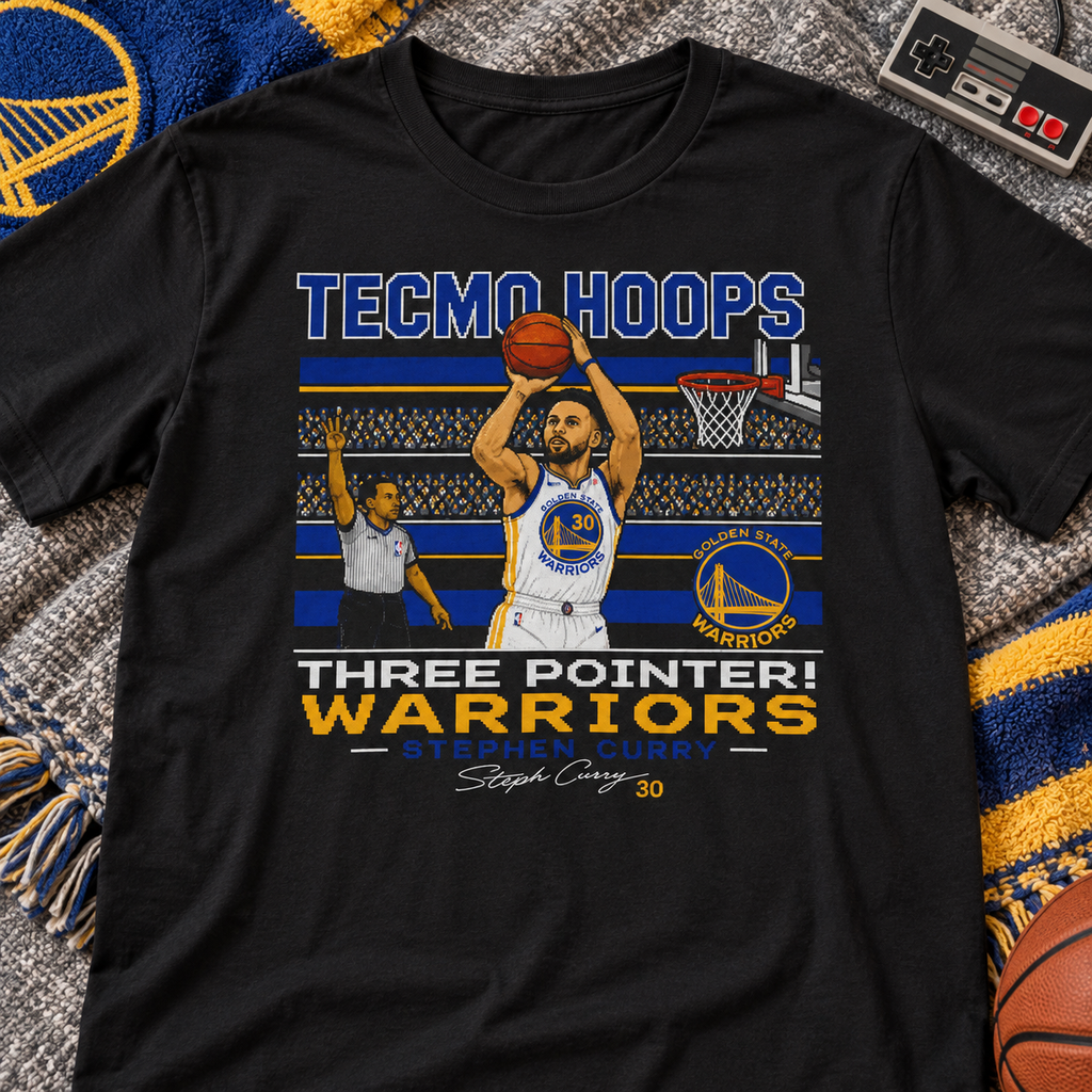 Golden State Warriors – Steph Curry – Tecmo Hoops Shirt | Retro Basketball Tee — lay-flat lifestyle mockup with upper-chest graphic