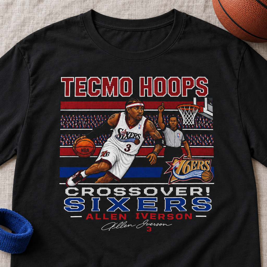 Philadelphia 76ers – Allen Iverson – Tecmo Hoops Retro Basketball T-Shirt — lay-flat lifestyle mockup with upper-chest graphic