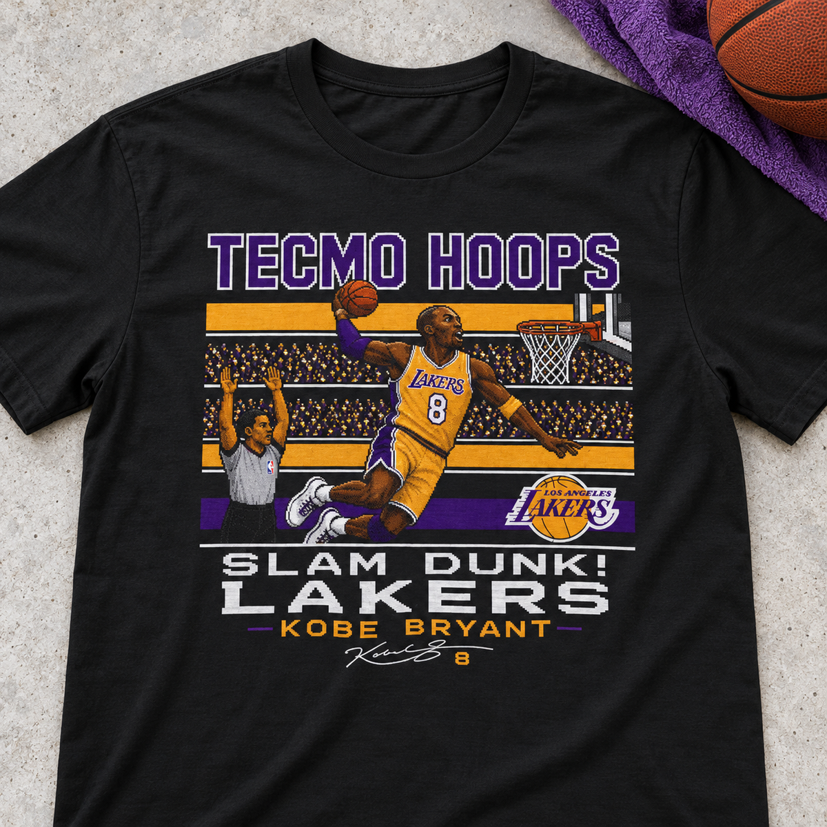 Los Angeles Lakers – Kobe Bryant – Tecmo Hoops Shirt | Retro Basketball Tee — lay-flat lifestyle mockup with upper-chest graphic