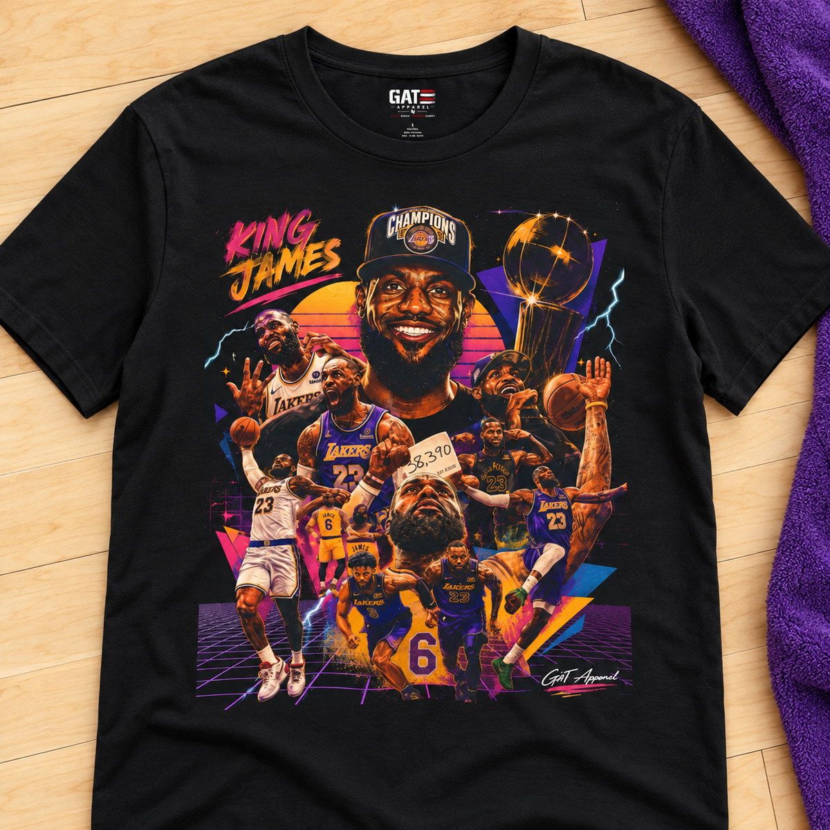 Los Angeles Lakers – LeBron James – King James Shirt | Basketball Champion Tee — lay-flat lifestyle mockup with upper-chest graphic