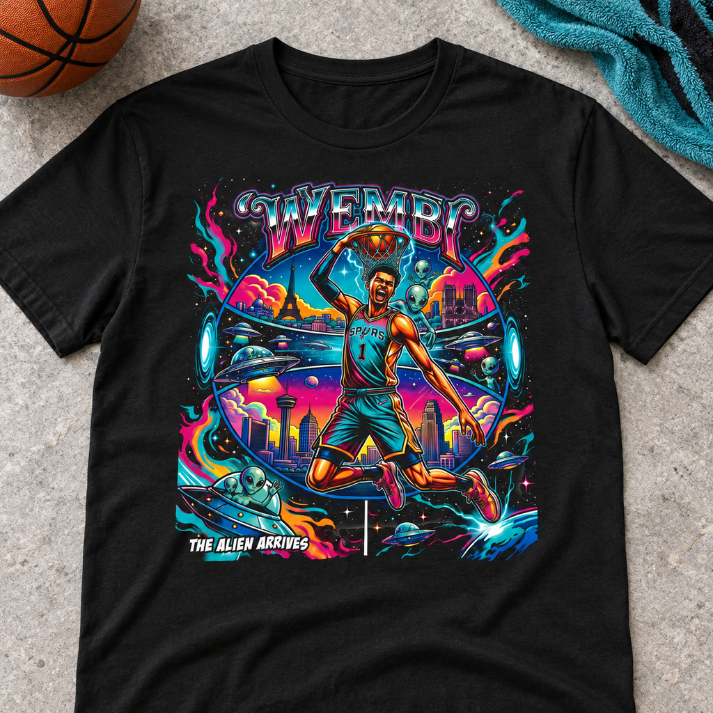 San Antonio Spurs – Victor Wembanyama – The Alien Shirt | Tee — lay-flat lifestyle mockup with upper-chest graphic