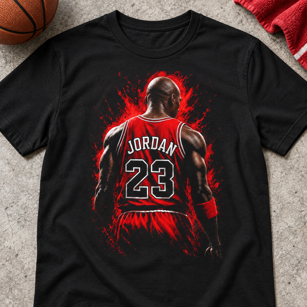 Chicago Bulls – Michael Jordan – #23 Backview Shirt | Vintage Basketball Graphic Tee — lay-flat lifestyle mockup with upper-chest graphic