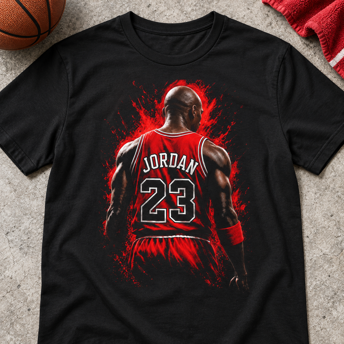 Chicago Bulls – Michael Jordan – #23 Backview Shirt | Vintage Basketball Graphic Tee — lay-flat lifestyle mockup with upper-chest graphic