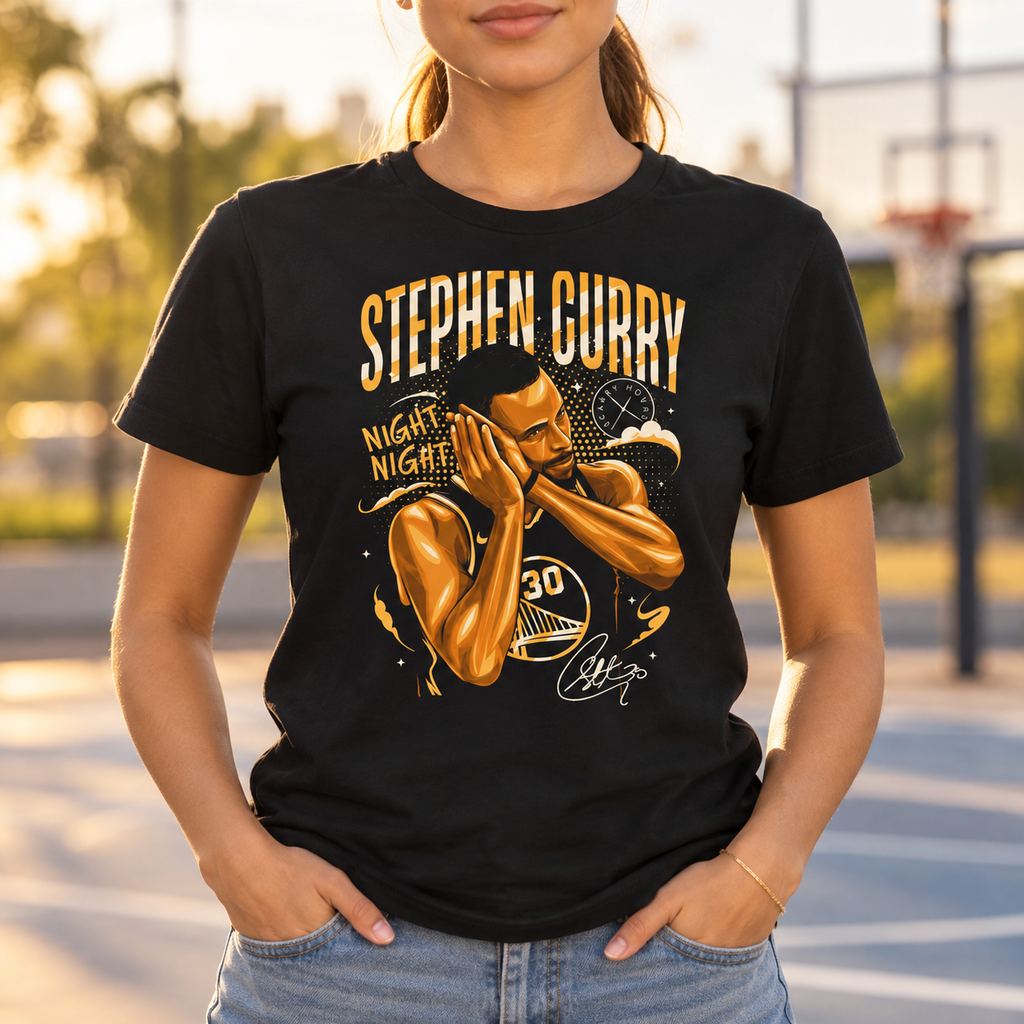 Golden State Warriors – Steph Curry – Night Night Shirt | Basketball Tee — model lifestyle mockup with upper-chest graphic