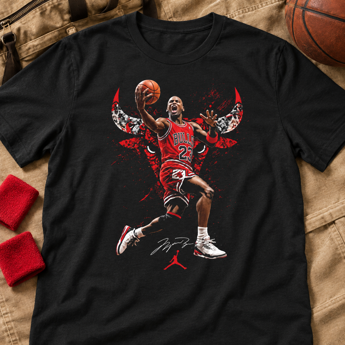 Chicago Bulls – Michael Jordan – Legend Dunk Shirt | Vintage Basketball Graphic Tee — lay-flat lifestyle mockup with upper-chest graphic