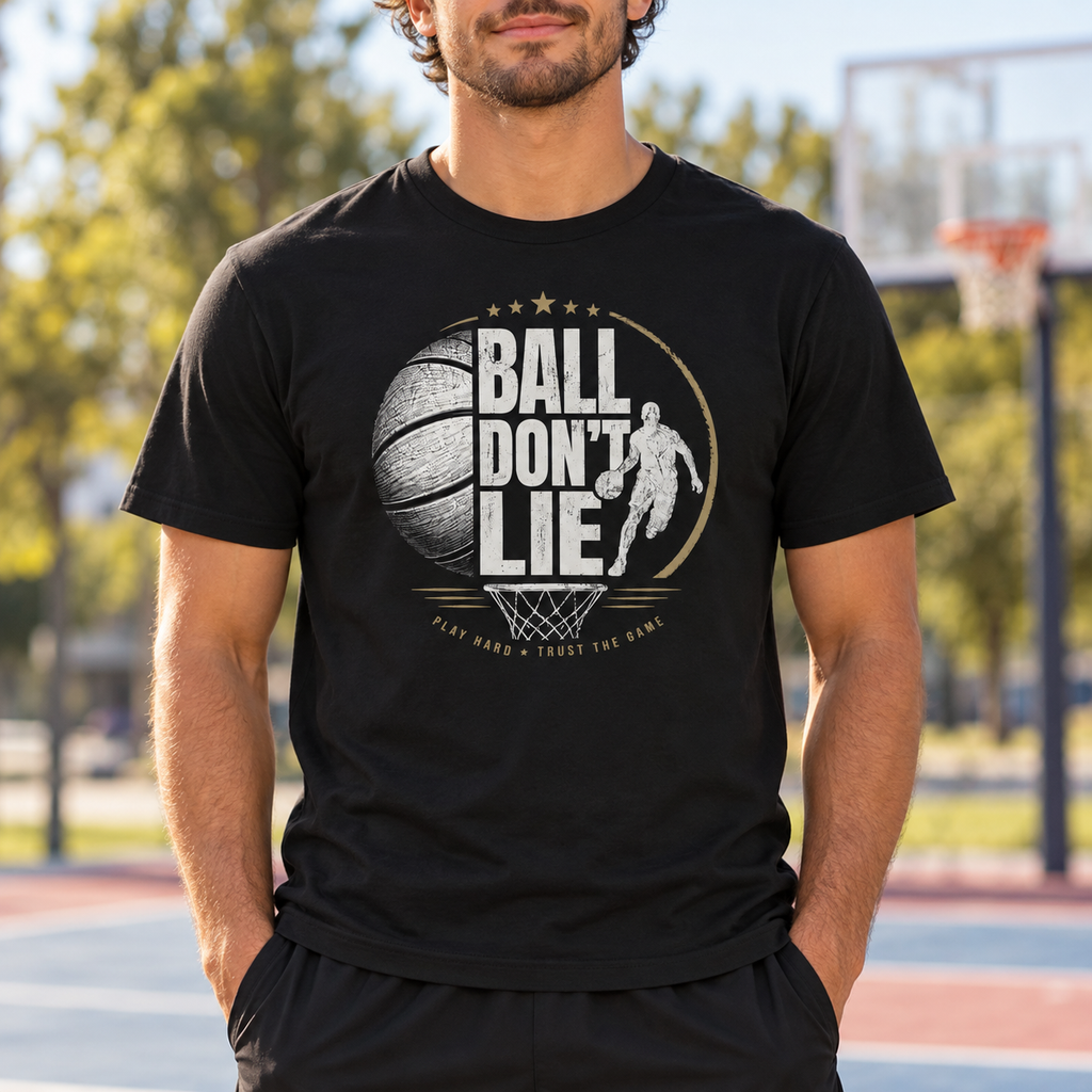 Ball Don't Lie Basketball Shirt | Vintage Hoop Tee — model lifestyle mockup with upper-chest graphic
