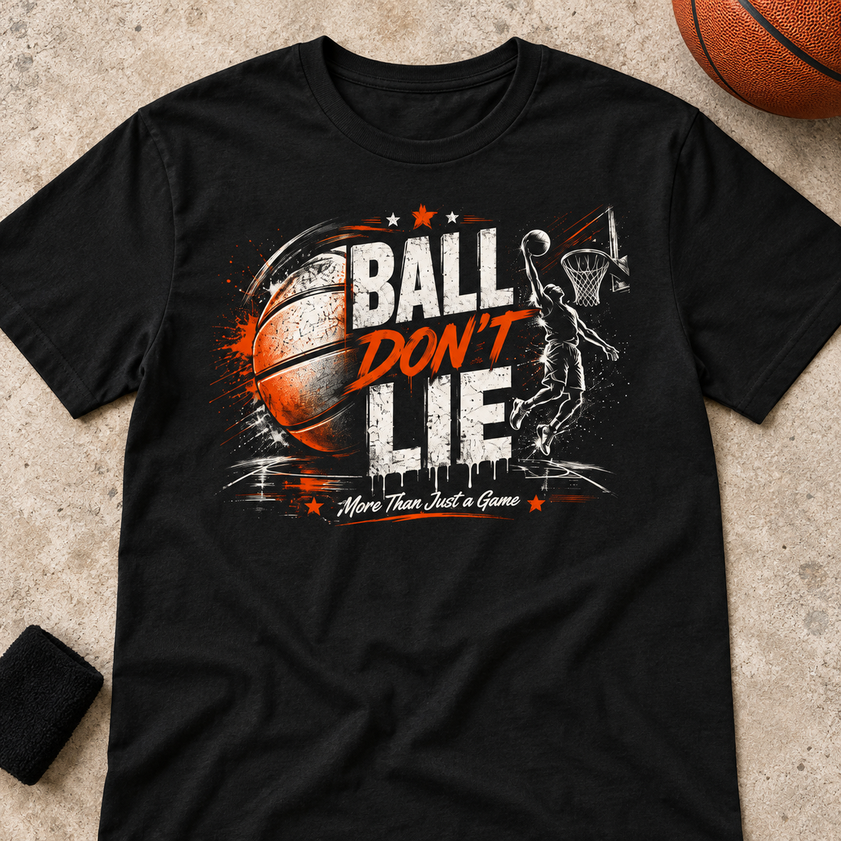 Ball Don't Lie Basketball Shirt | Vintage Hoop Tee Style 2 — lay-flat lifestyle mockup with upper-chest graphic