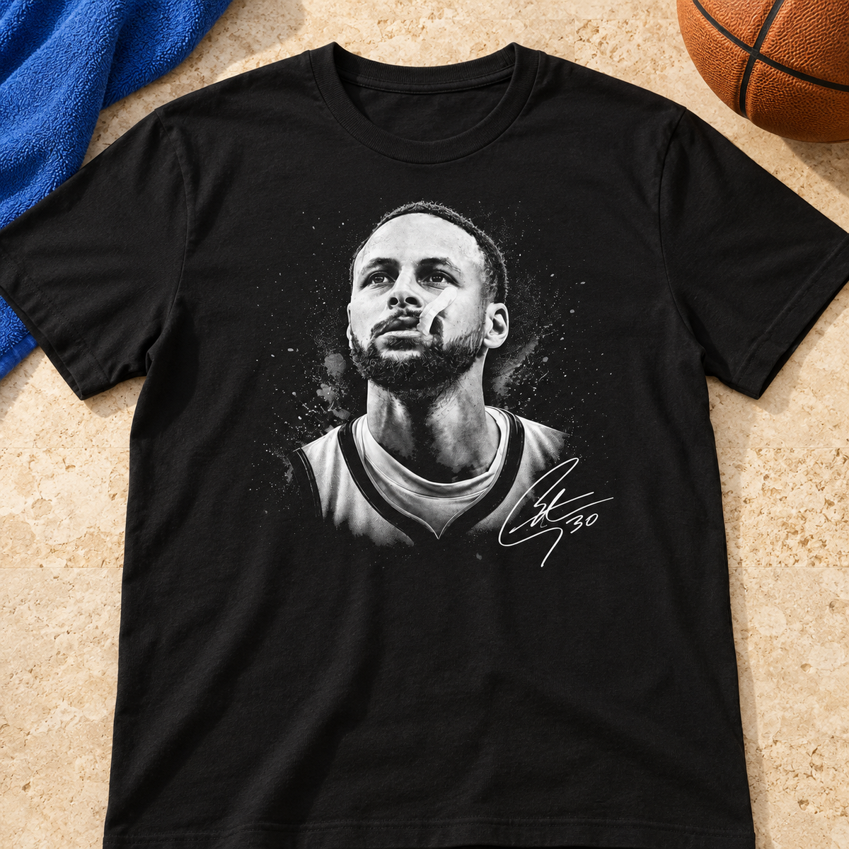Golden State Warriors – Steph Curry – Basketball T-Shirt — lay-flat lifestyle mockup with upper-chest graphic