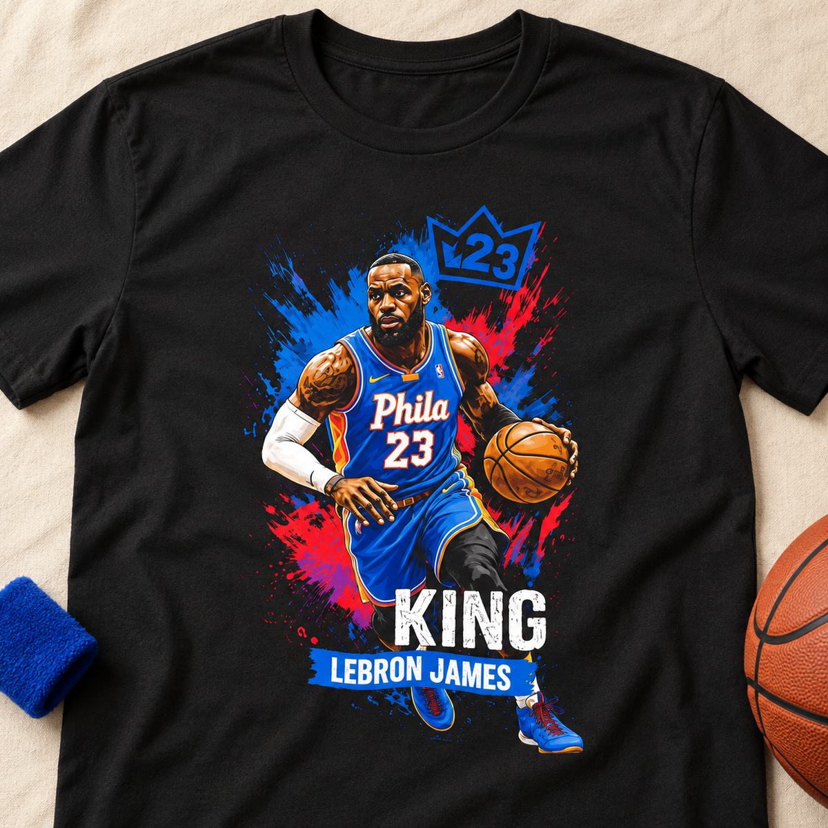 Los Angeles Lakers – LeBron James – Basketball King T-Shirt — lay-flat lifestyle mockup with upper-chest graphic
