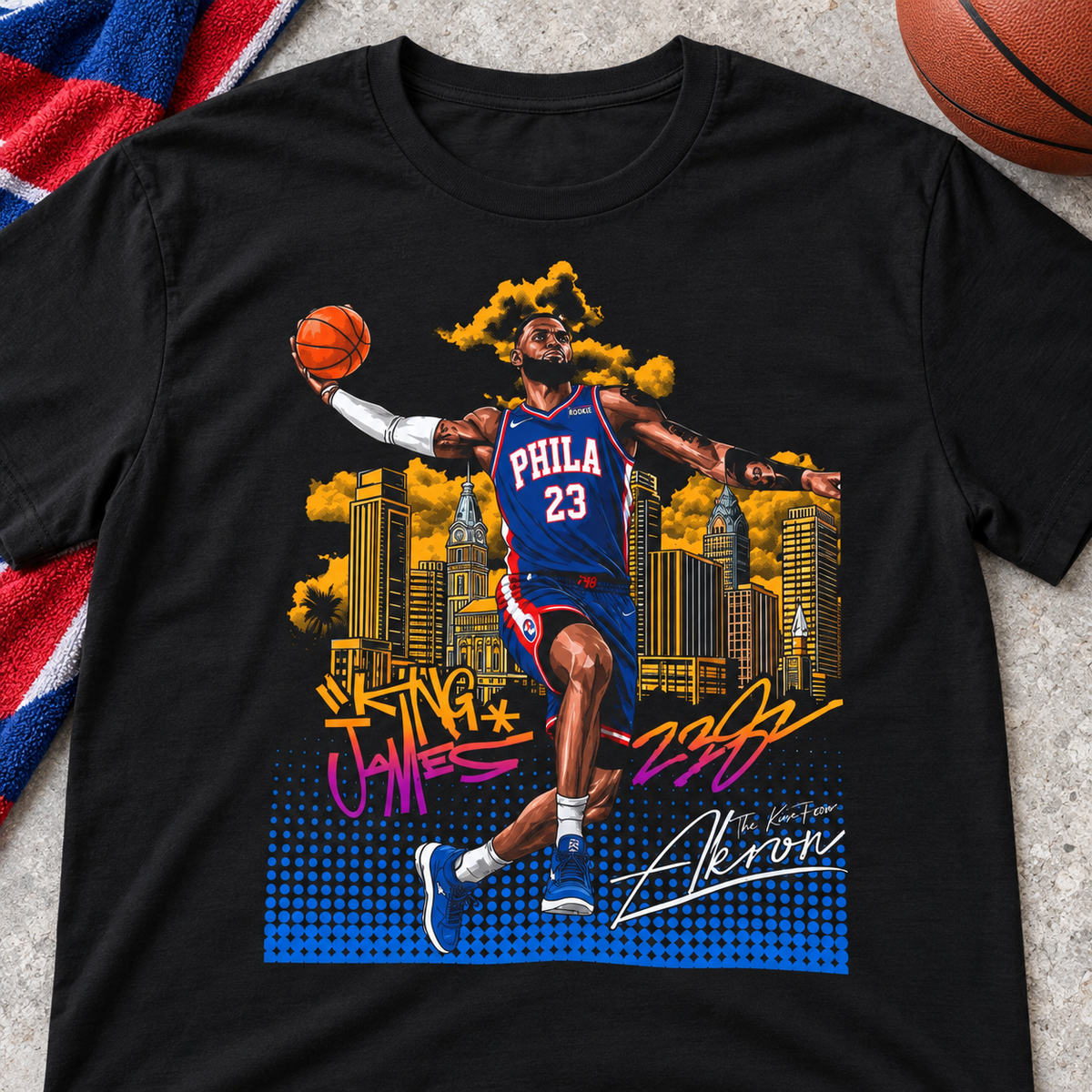 Los Angeles Lakers – LeBron James – Basketball King T-Shirt – Style 2 — lay-flat lifestyle mockup with upper-chest graphic