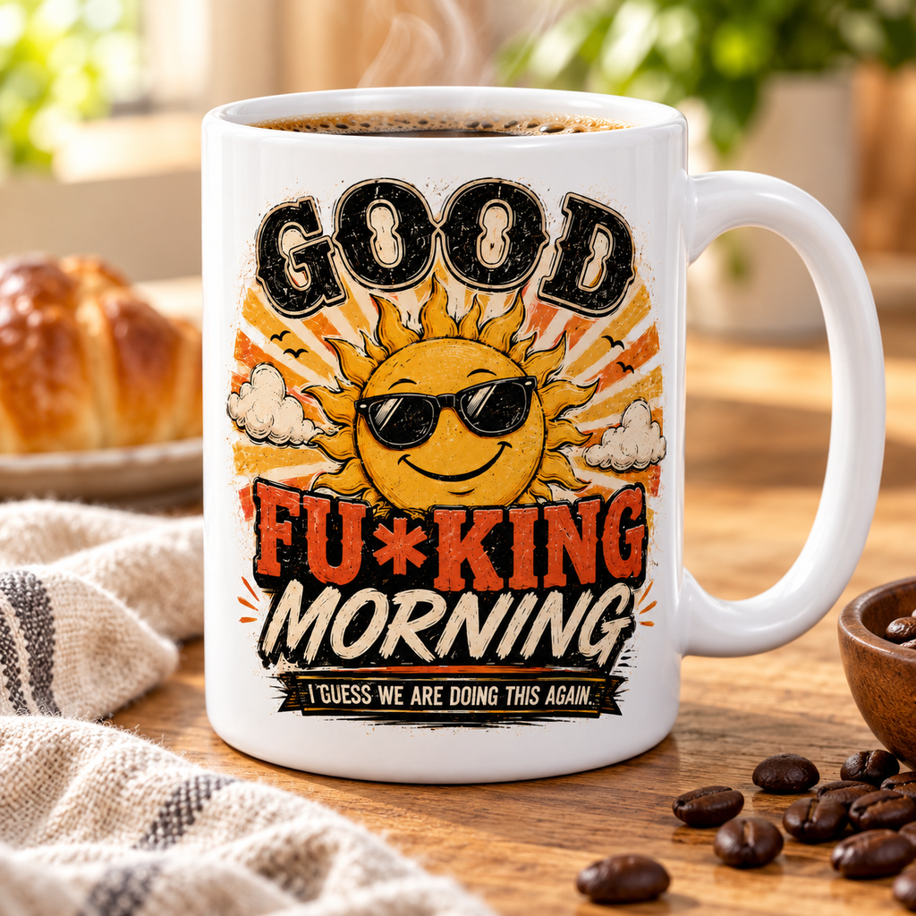 Good Fu*king Morning Coffee Mug | Funny Sarcastic Sunrise Cup — tabletop lifestyle mockup