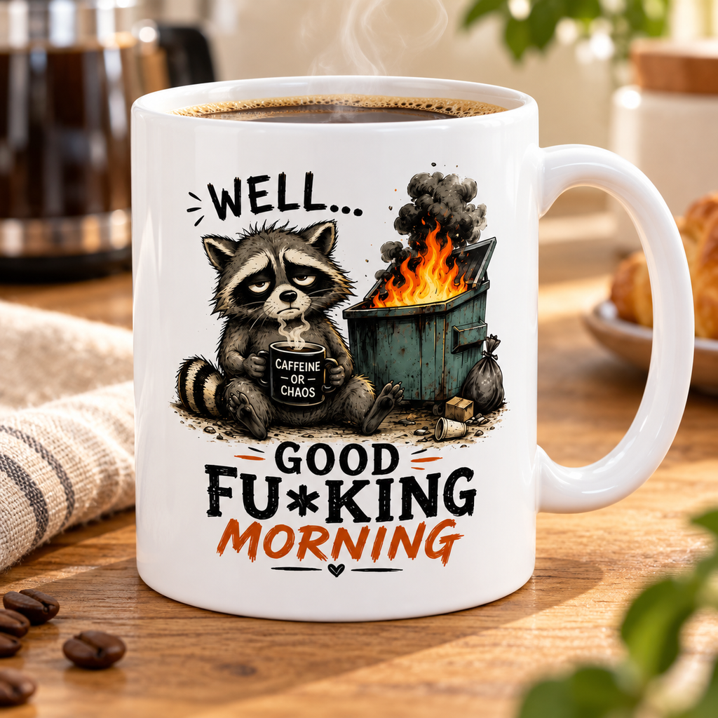 Well Good F*cking Morning Raccoon Mug | Funny Coffee Cup — tabletop lifestyle mockup