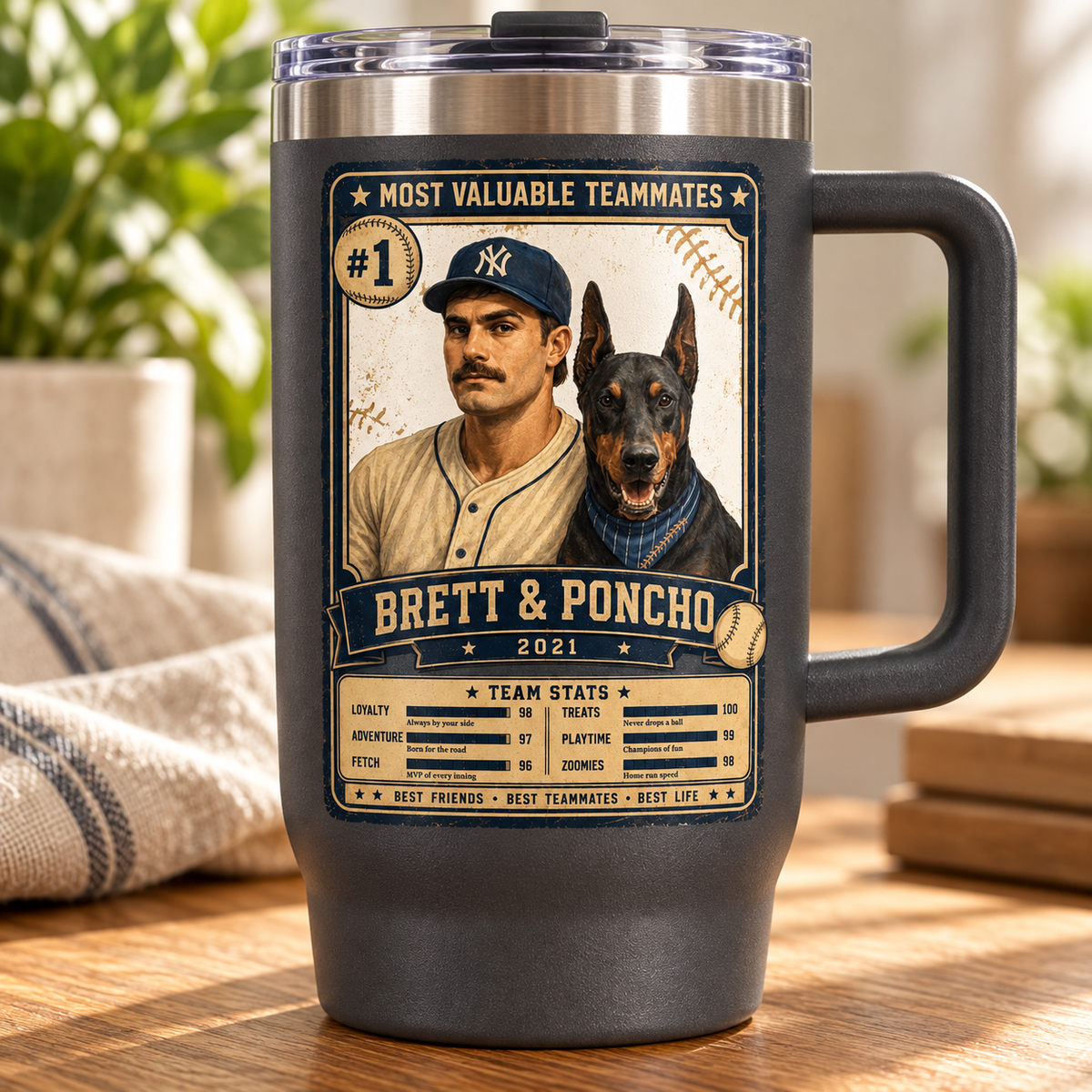 Personalized Pet Tumbler with Owner | Custom Dog or Cat Portrait Tumbler — tabletop lifestyle mockup