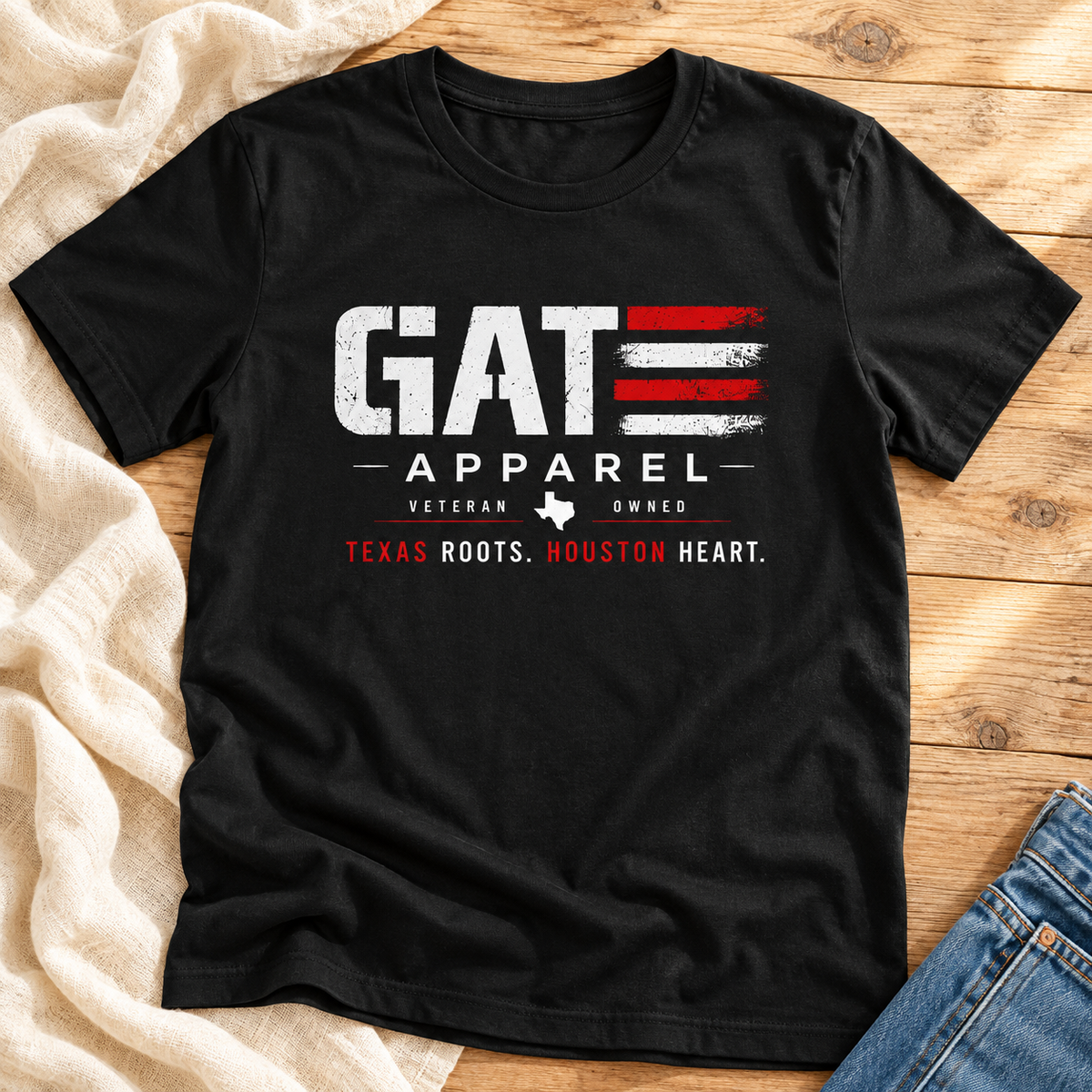 GAT Apparel Texas Roots Shirt | Texas Heart Logo Tee — layflat lifestyle mockup