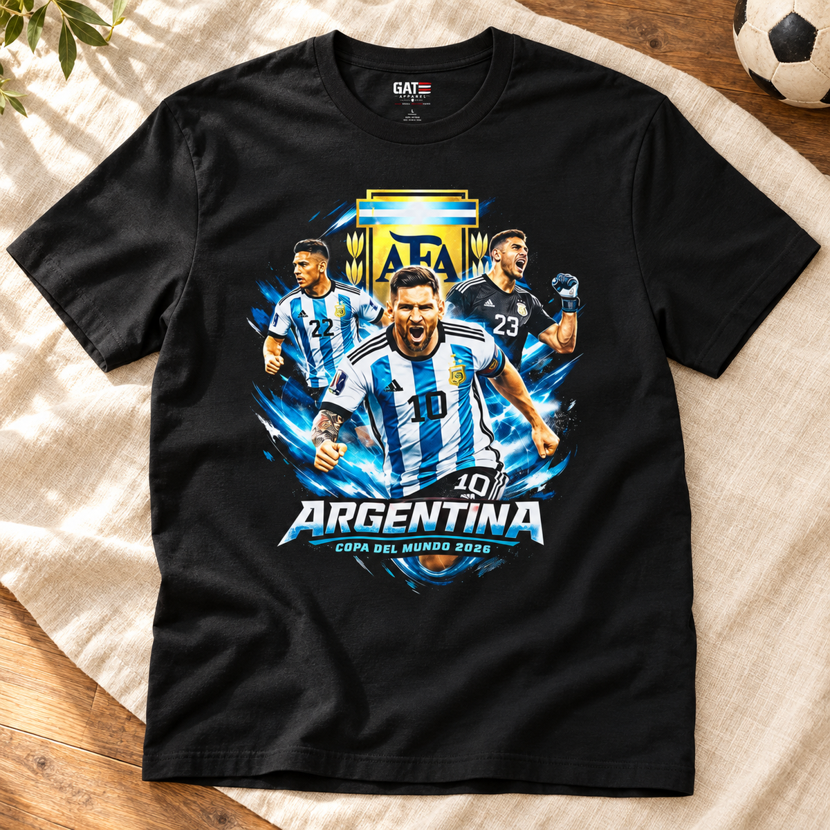 Lionel Messi Argentina World Cup 2026 Shirt | Soccer Tee — layflat lifestyle mockup