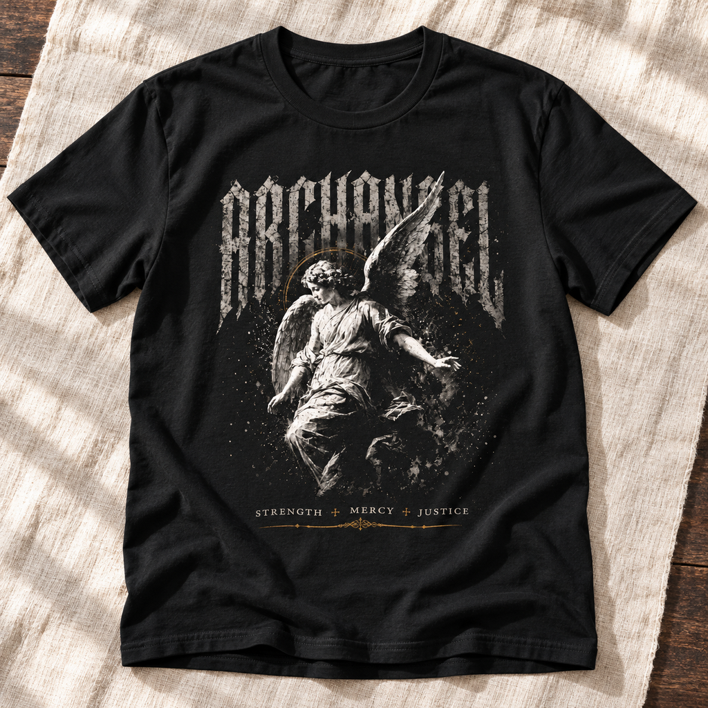 Archangel Strength Mercy Justice Shirt | Gothic Angel Graphic Tee — layflat lifestyle mockup