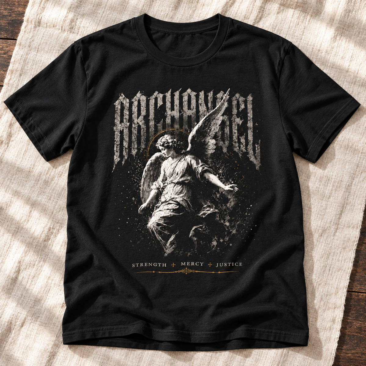 Archangel Strength Mercy Justice Shirt | Gothic Angel Graphic Tee — layflat lifestyle mockup